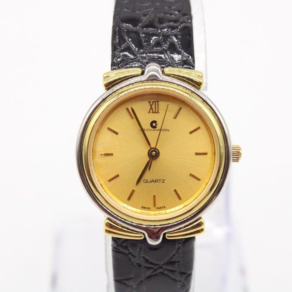 J.B Champion Watch Womens Gold Tone Stainless Steel Classic Black Leather Band - Picture 2 of 8